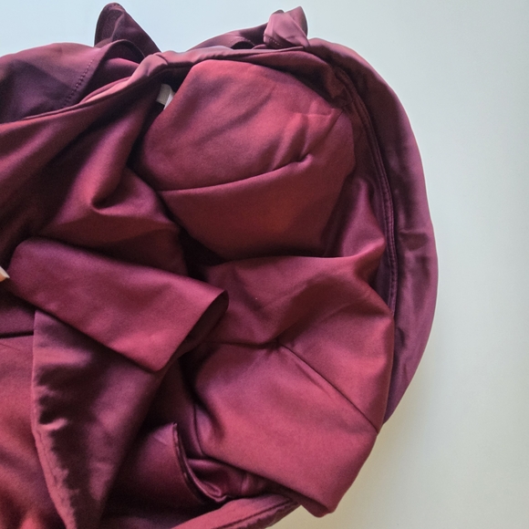 Wear Your Love Burgundy Satin Style Asymmetrical Sleeve Midi Dress Formal - Picture 14 of 15